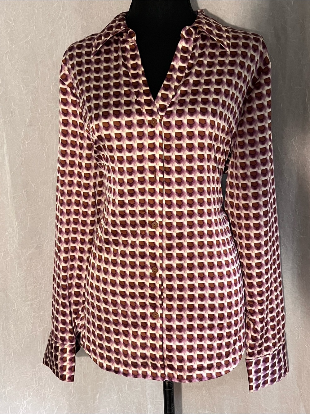 Worthington Purple, brown, & cream Geometric satin Button-Down Blouse